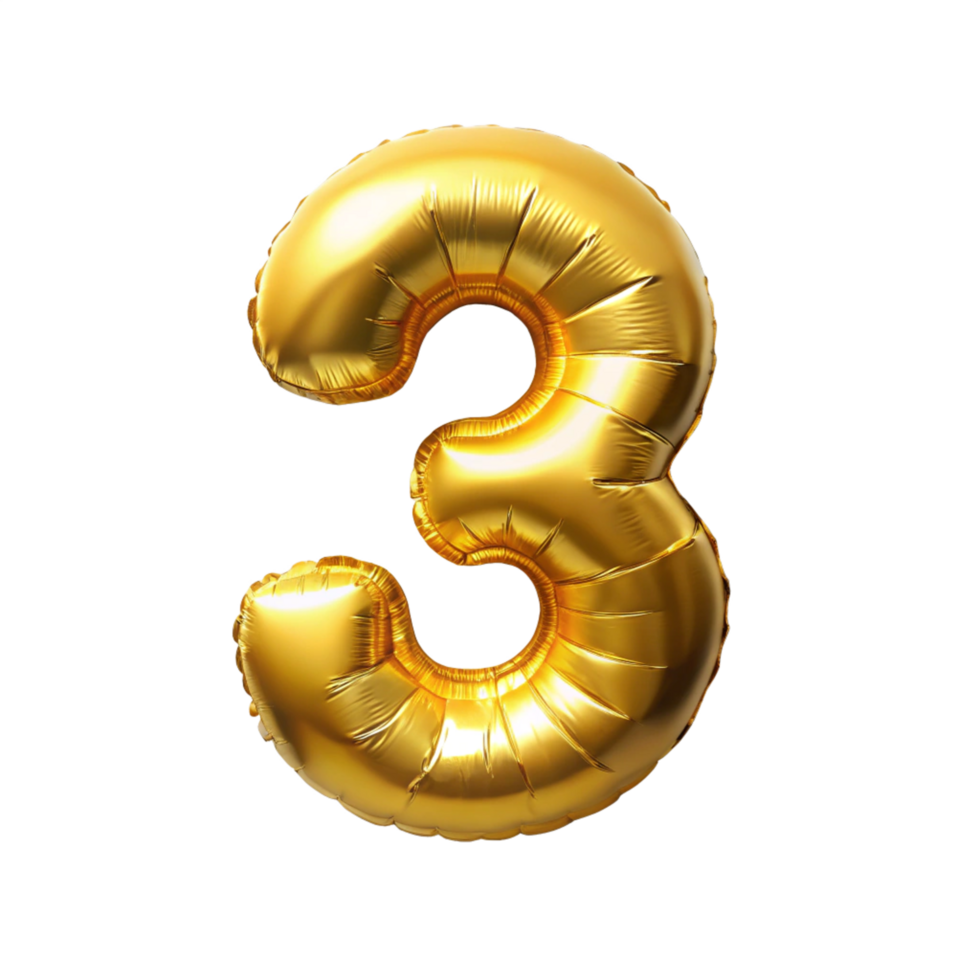 golden balloon in the shape of number three is isolated on transparent background png