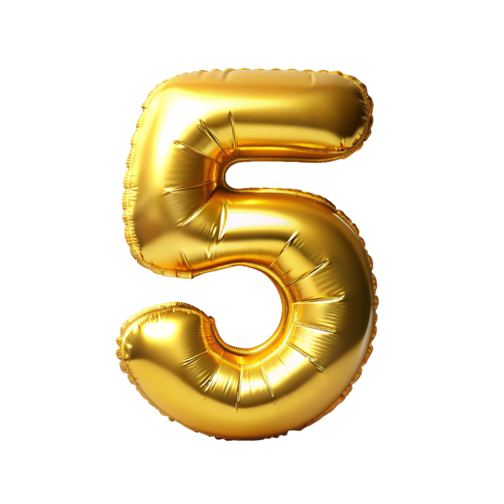 golden balloon in the shape of number five is isolated on transparent background png