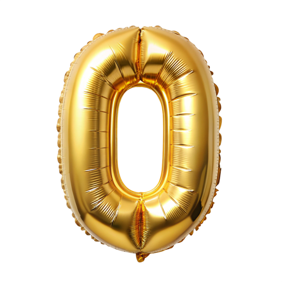 golden balloon in the shape of number zero is isolated on transparent background png
