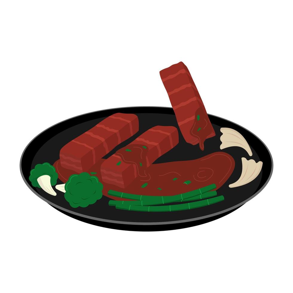 A plate with meat and vegetables on it vector