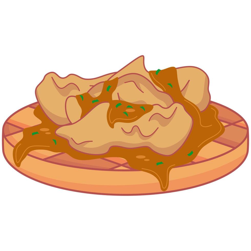 A plate with meat and gravy on it vector
