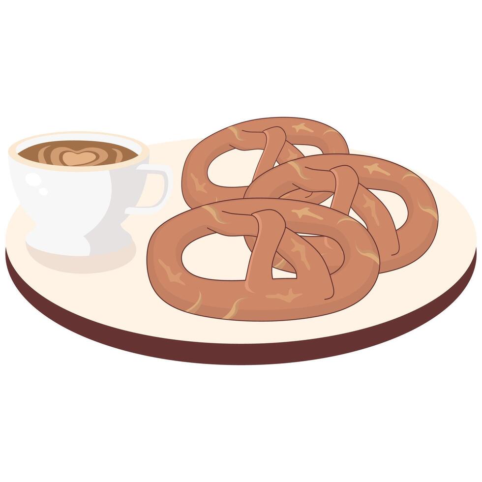 A plate with pretzels and a cup of coffee vector