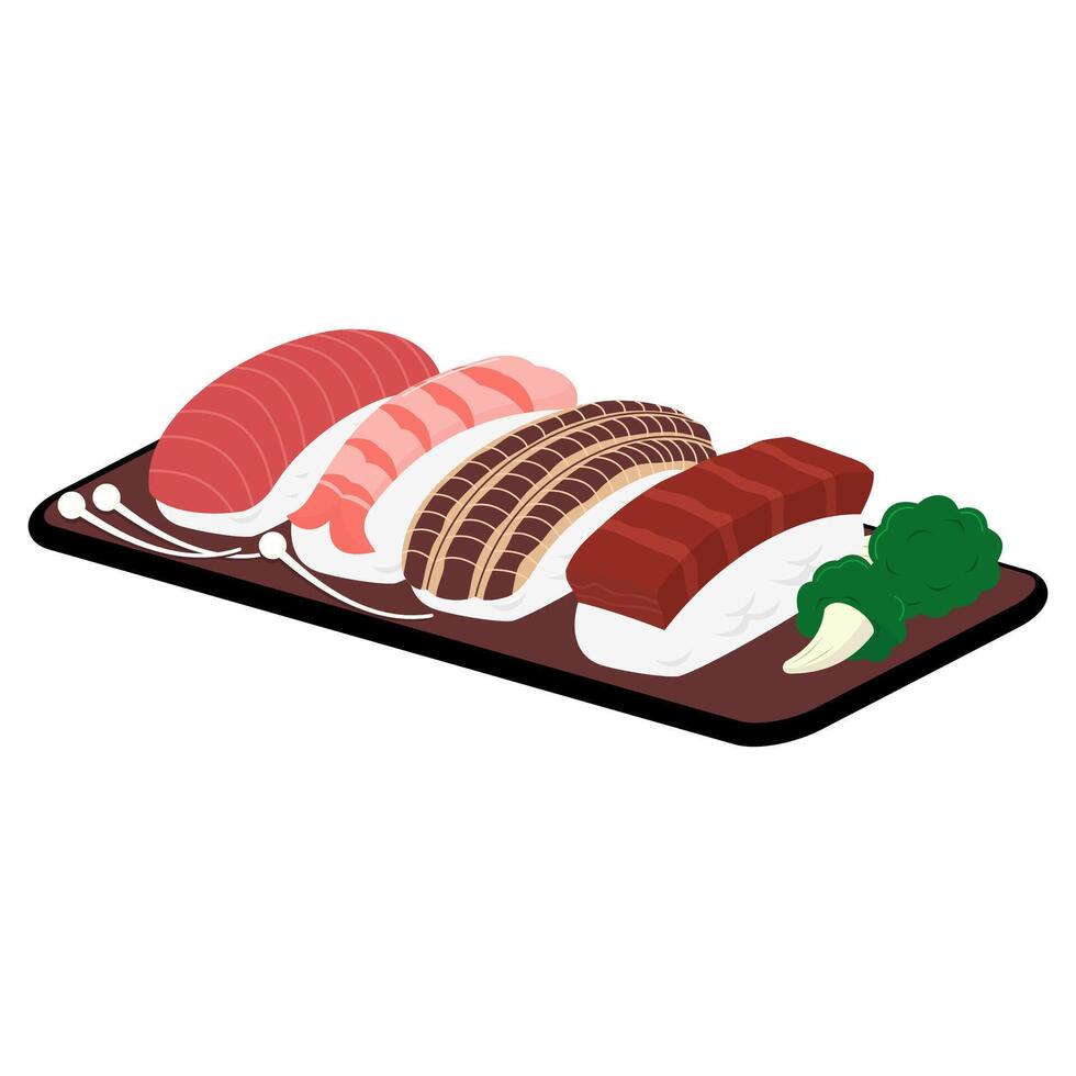 Sushi on a plate with broccoli and other vegetables vector