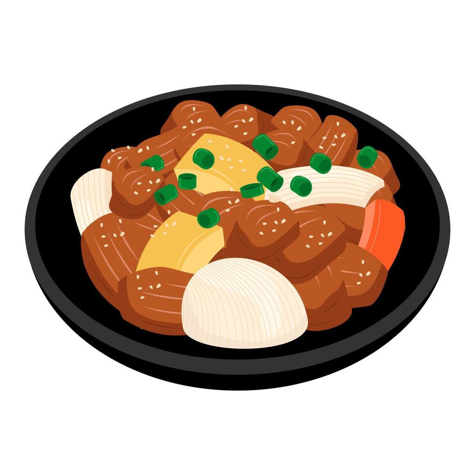 A plate of meat and vegetables on a white background vector