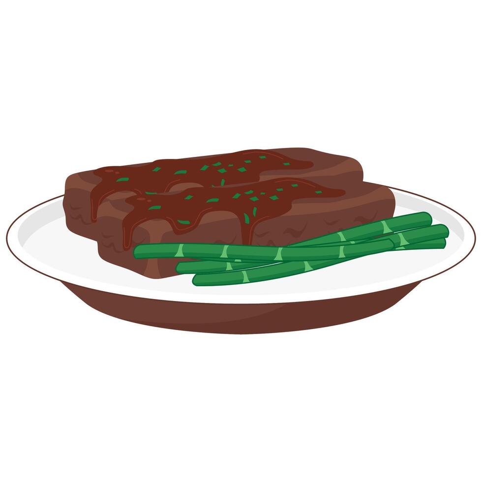 A plate with steak and green beans on it vector