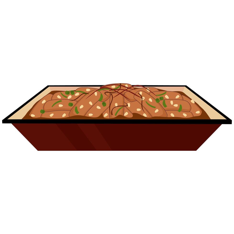 A dish of food with meat and vegetables in it vector