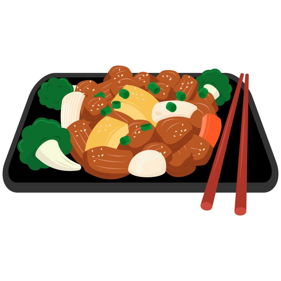 Chinese food with chopsticks and vegetables on a black plate vector