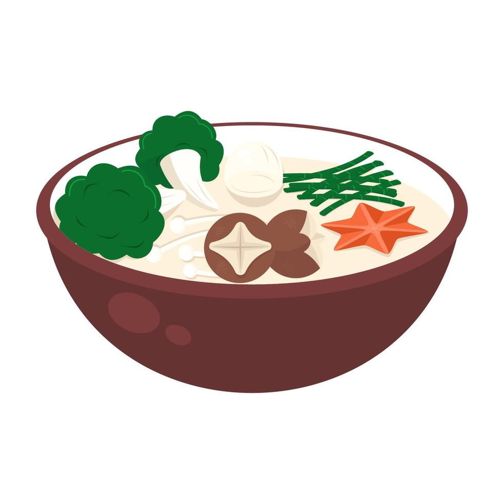 A bowl of soup with broccoli, mushrooms and other vegetables vector