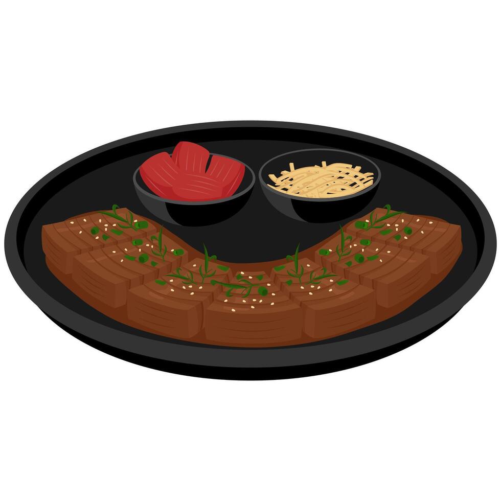 A plate with meat and vegetables on it vector