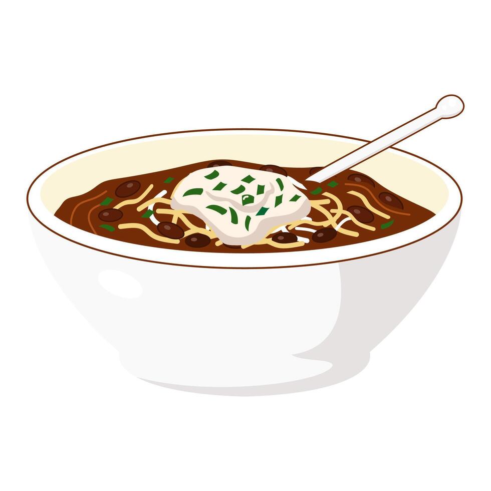 Chili soup with cheese and herbs in a bowl illustration vector