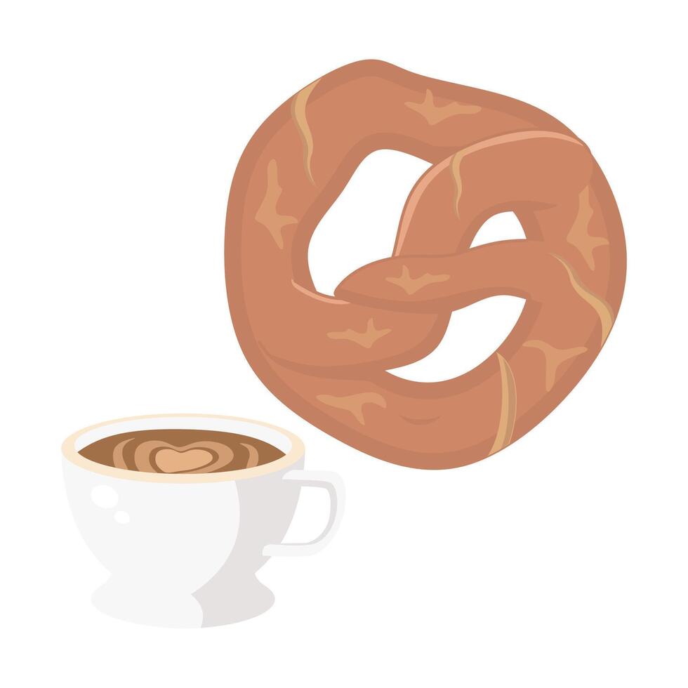 A pretzel and a cup of coffee on a white background vector
