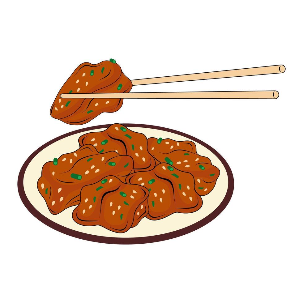 Chopsticks and meat on a plate with chopsticks vector