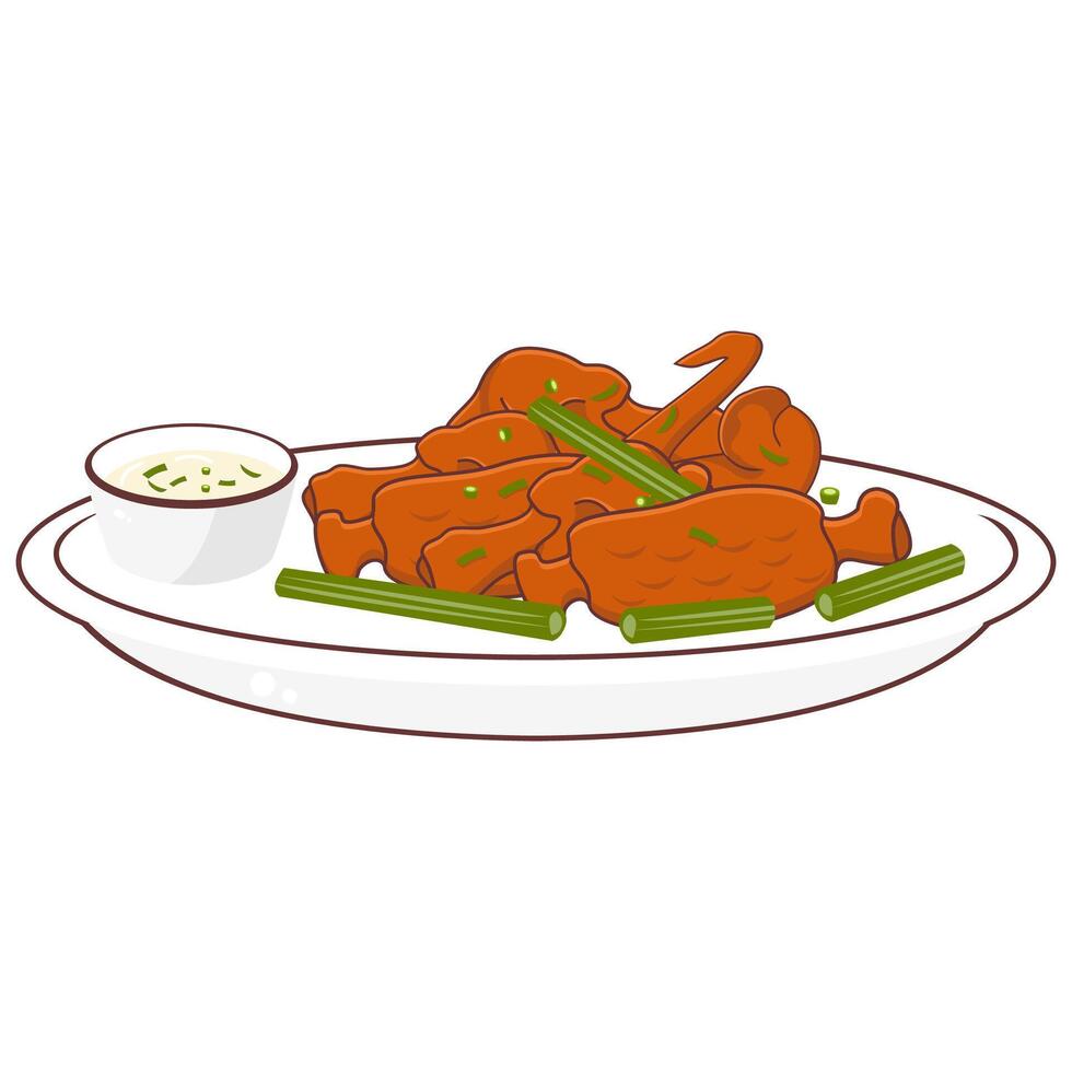 A plate of wings and green beans on a white plate vector