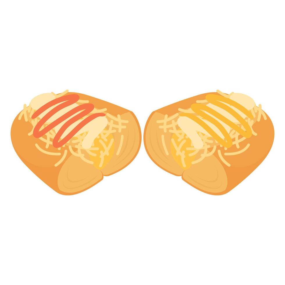 Two hot dogs with cheese and mustard on them vector
