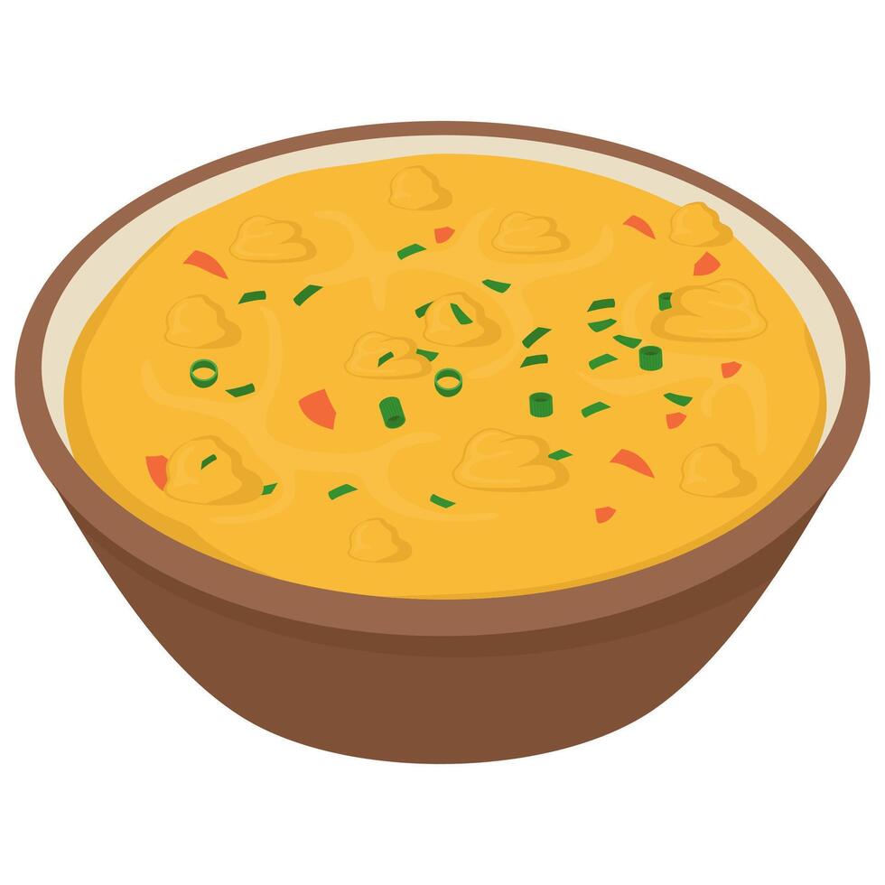 A bowl of soup with green onions and cheese vector