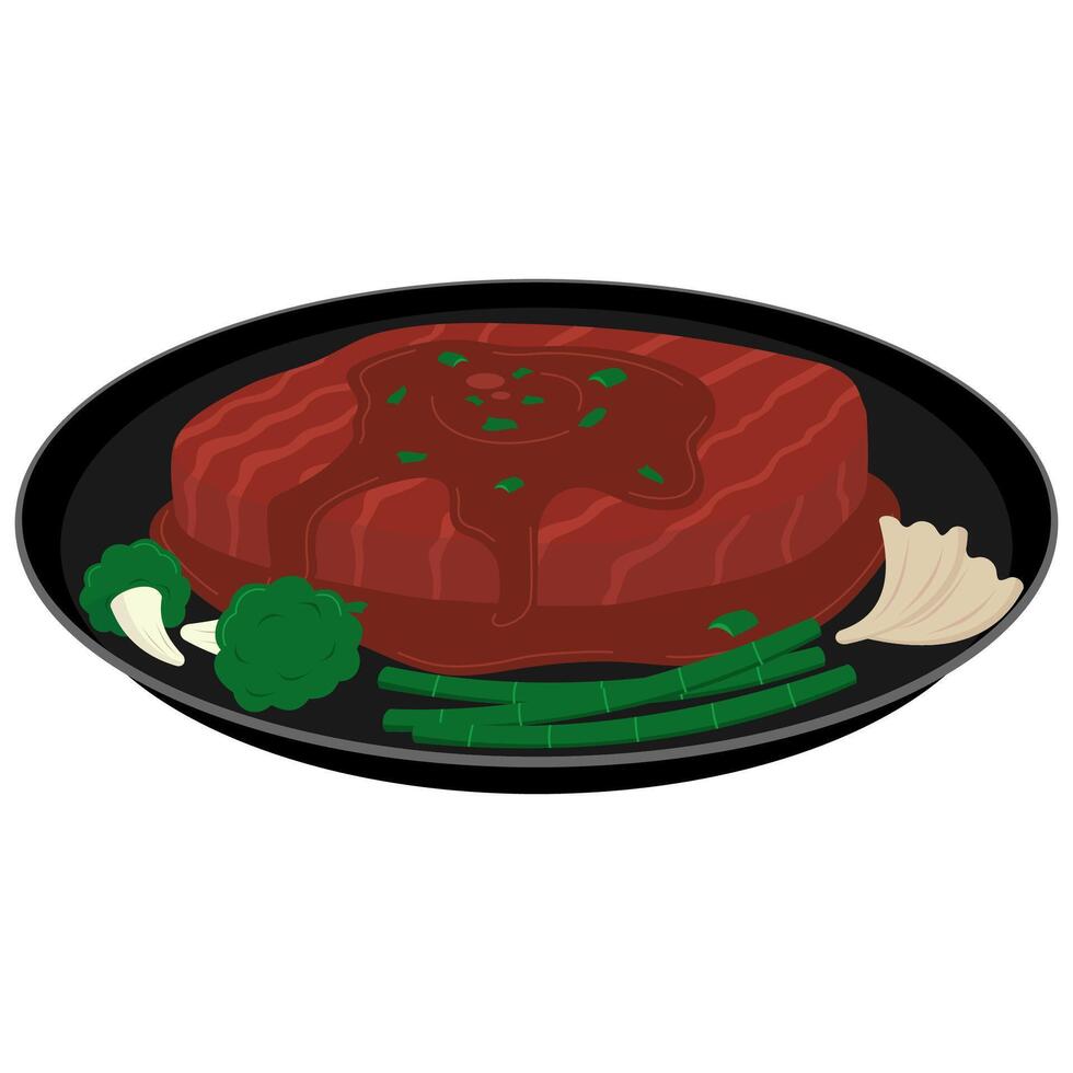 Steak with gravy and vegetables on a plate vector