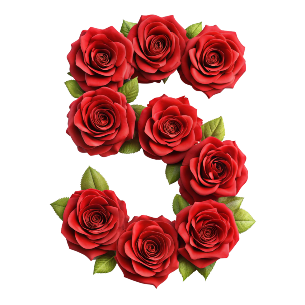 3d red rose in the shape of number five is isolated on transparent background png