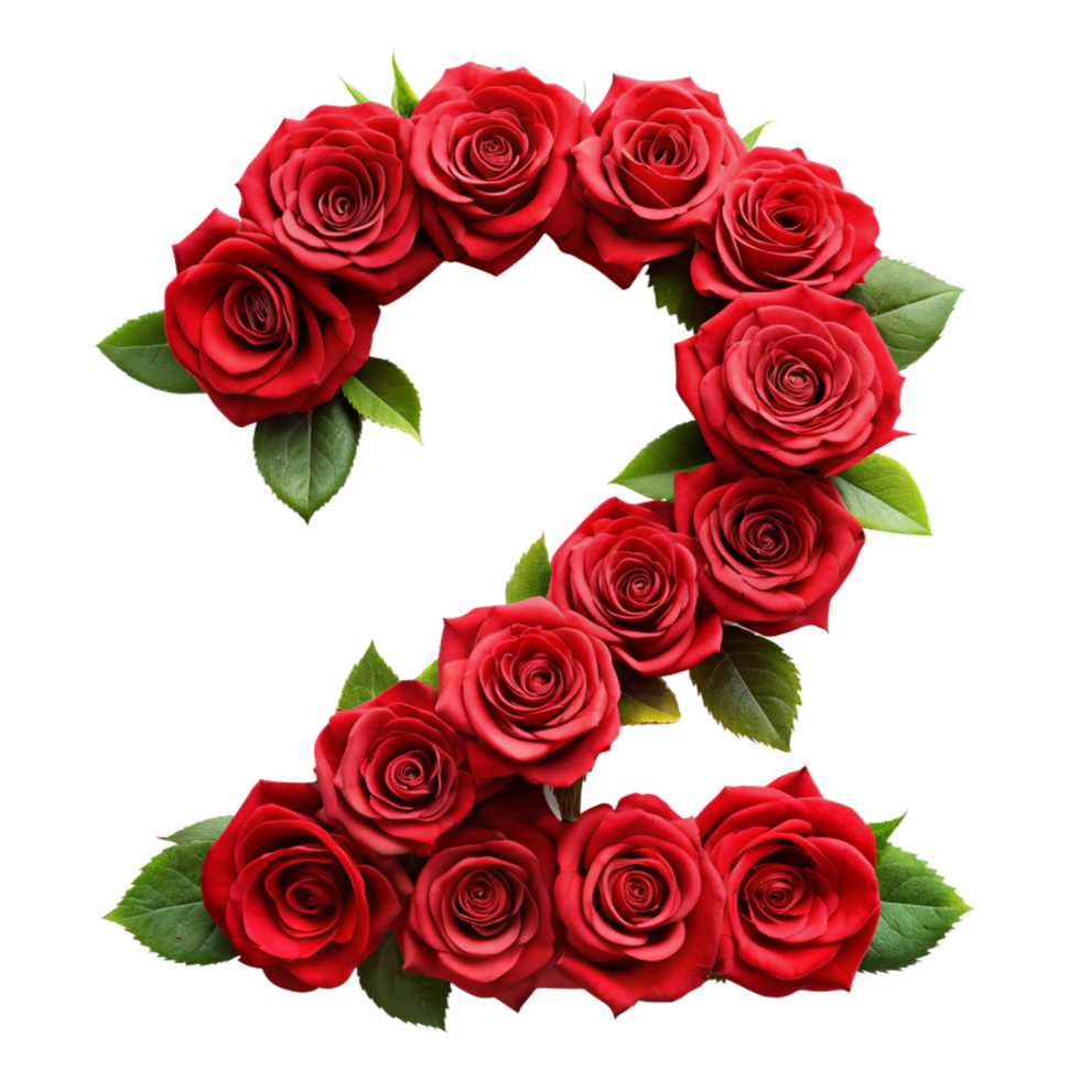 3d red rose in the shape of number two is isolated on transparent background png