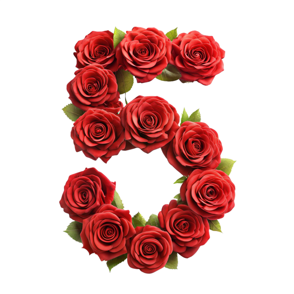red rose in the shape of number five is isolated on transparent background png