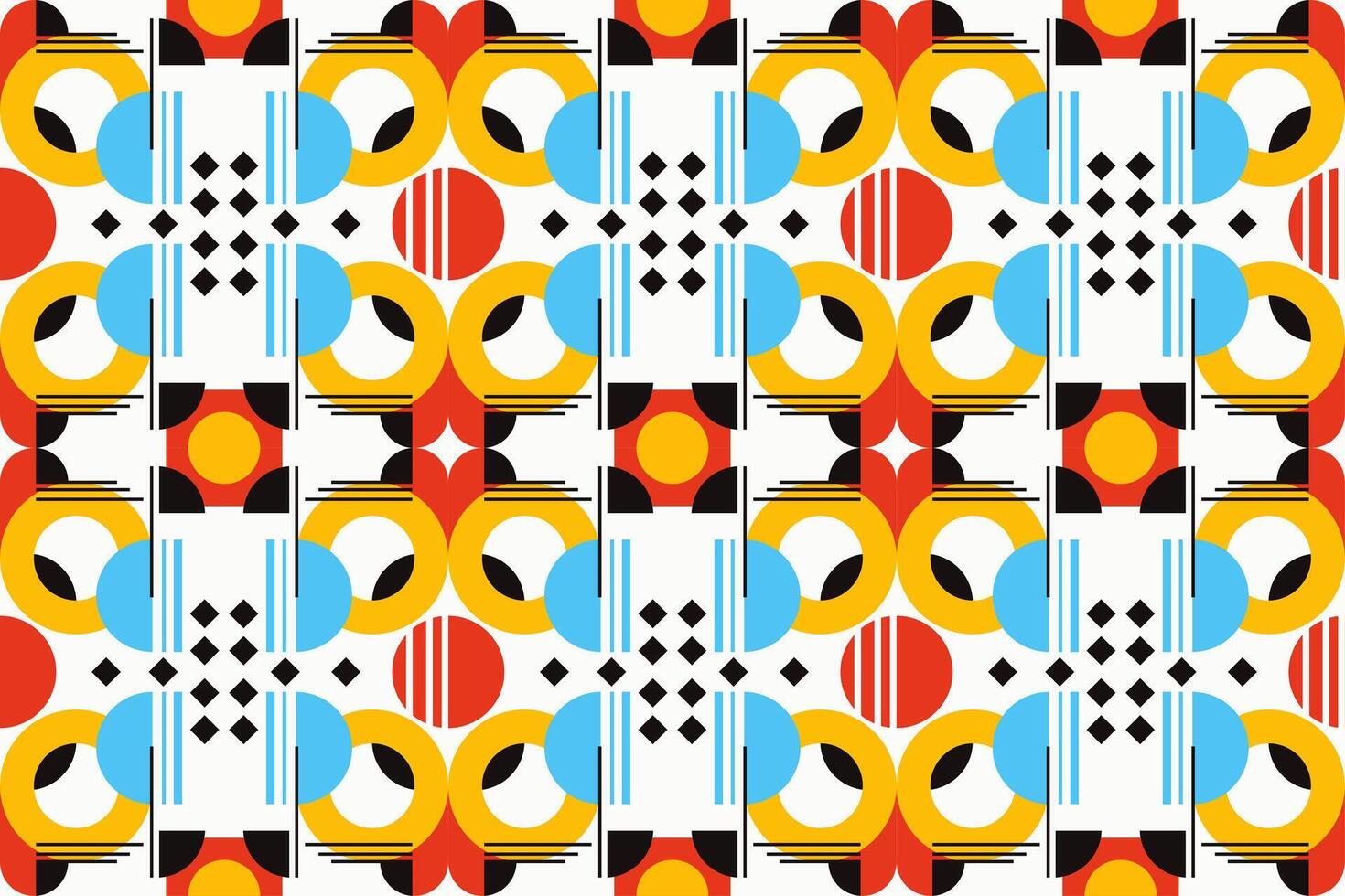 Vibrant geometric seamless pattern with a playful and retro aesthetic, featuring circles, lines, and squares in a dynamic arrangement. Perfect for modern interior design, fashion textiles vector