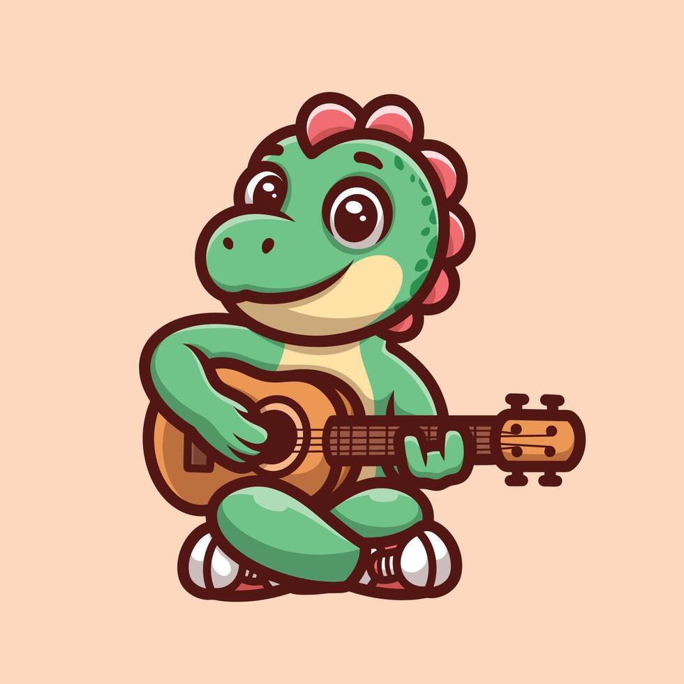 Green Dino Guitar Cartoon vector