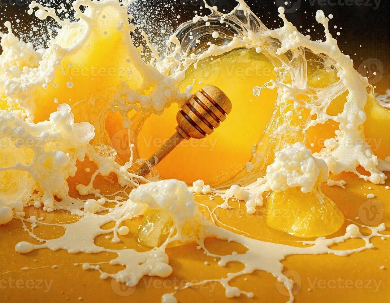 A honeycomb is splashed with milk and honey photo