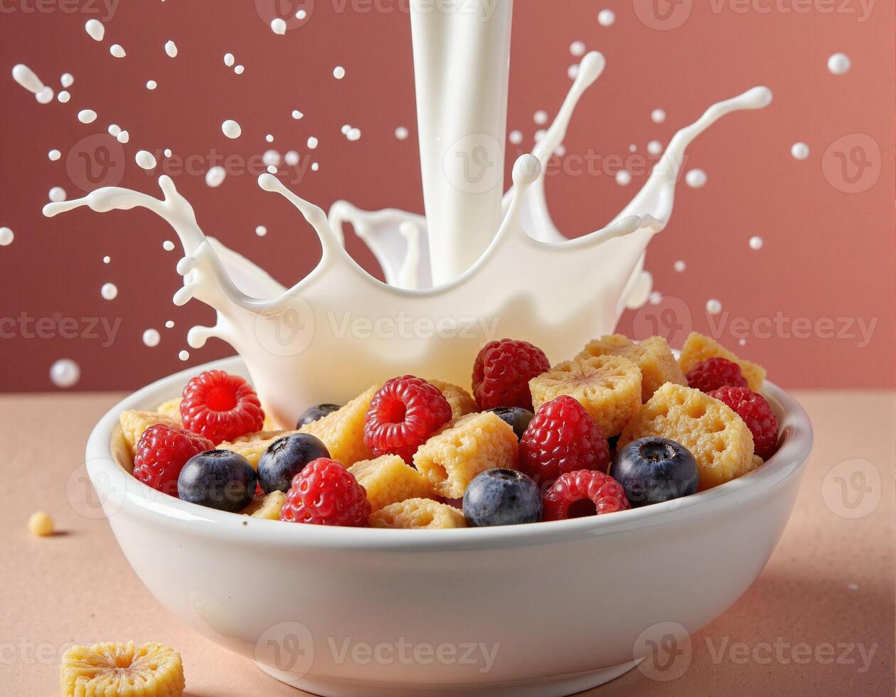 Splashing Milk on Fresh Berries and Cereal photo