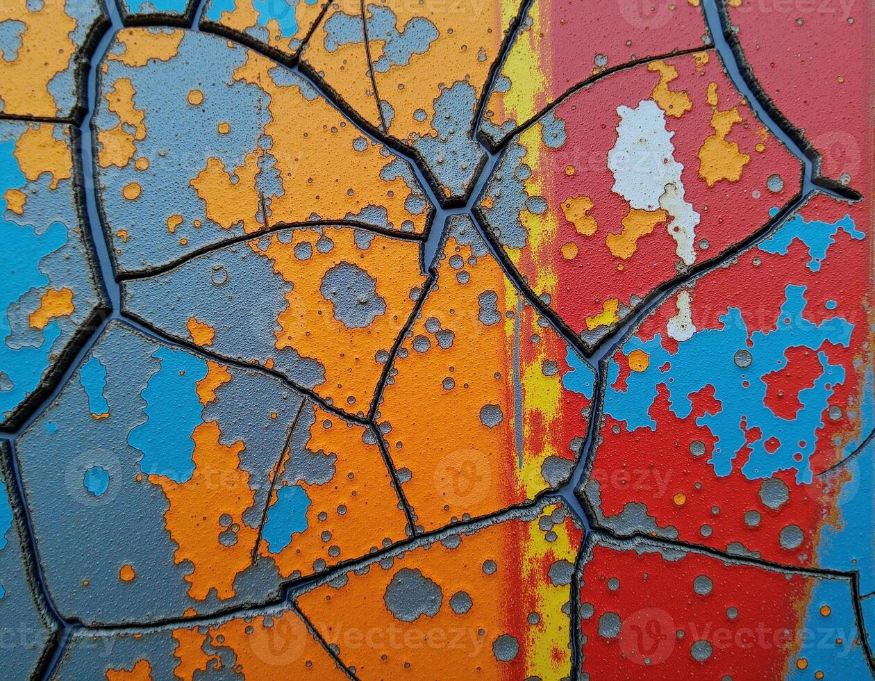 A colorful painting of cracked paint on a wall photo