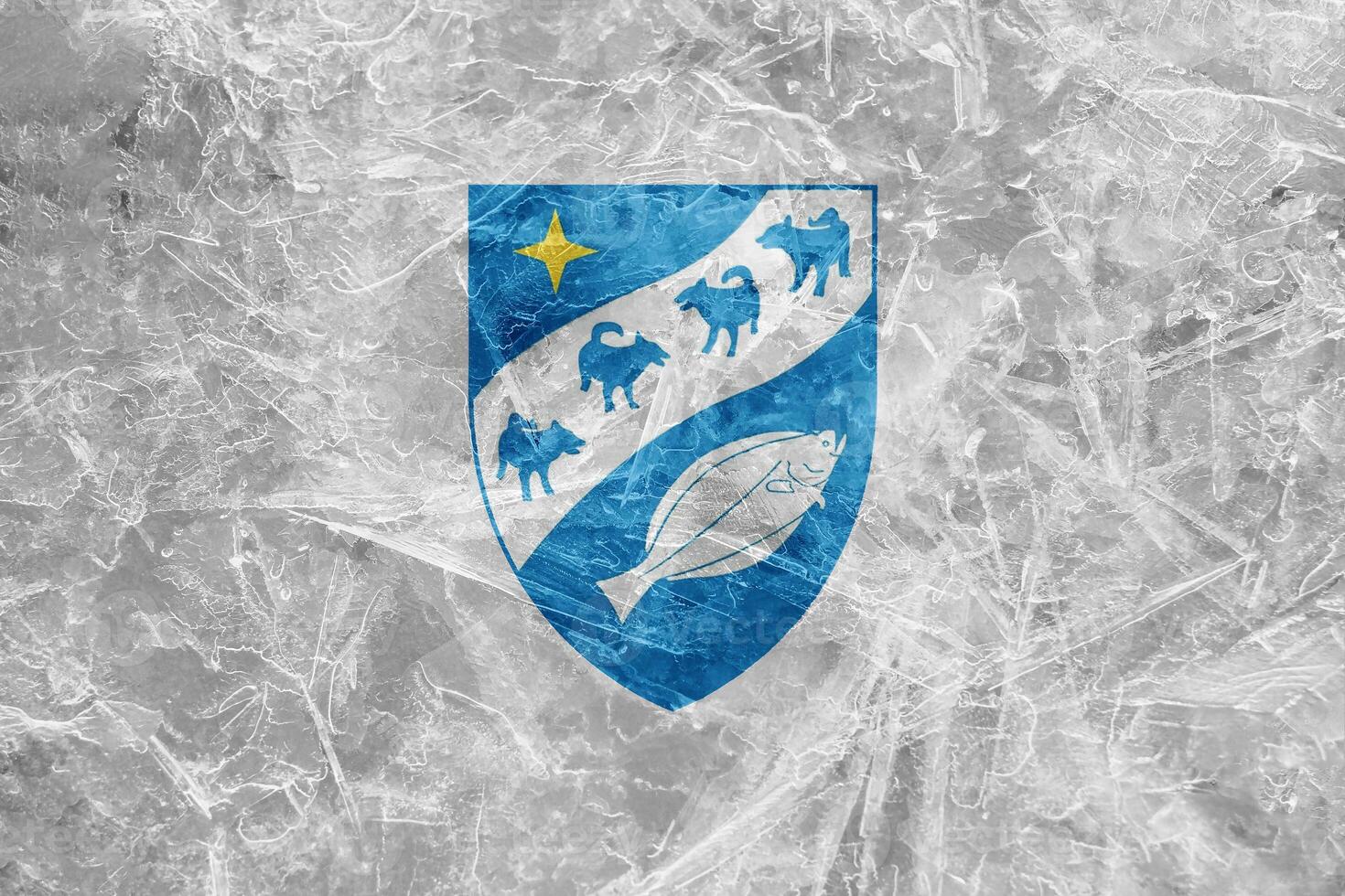 Official flag and coat of arms of Avanaata. Greenland. Conceptual collage on ice texture photo