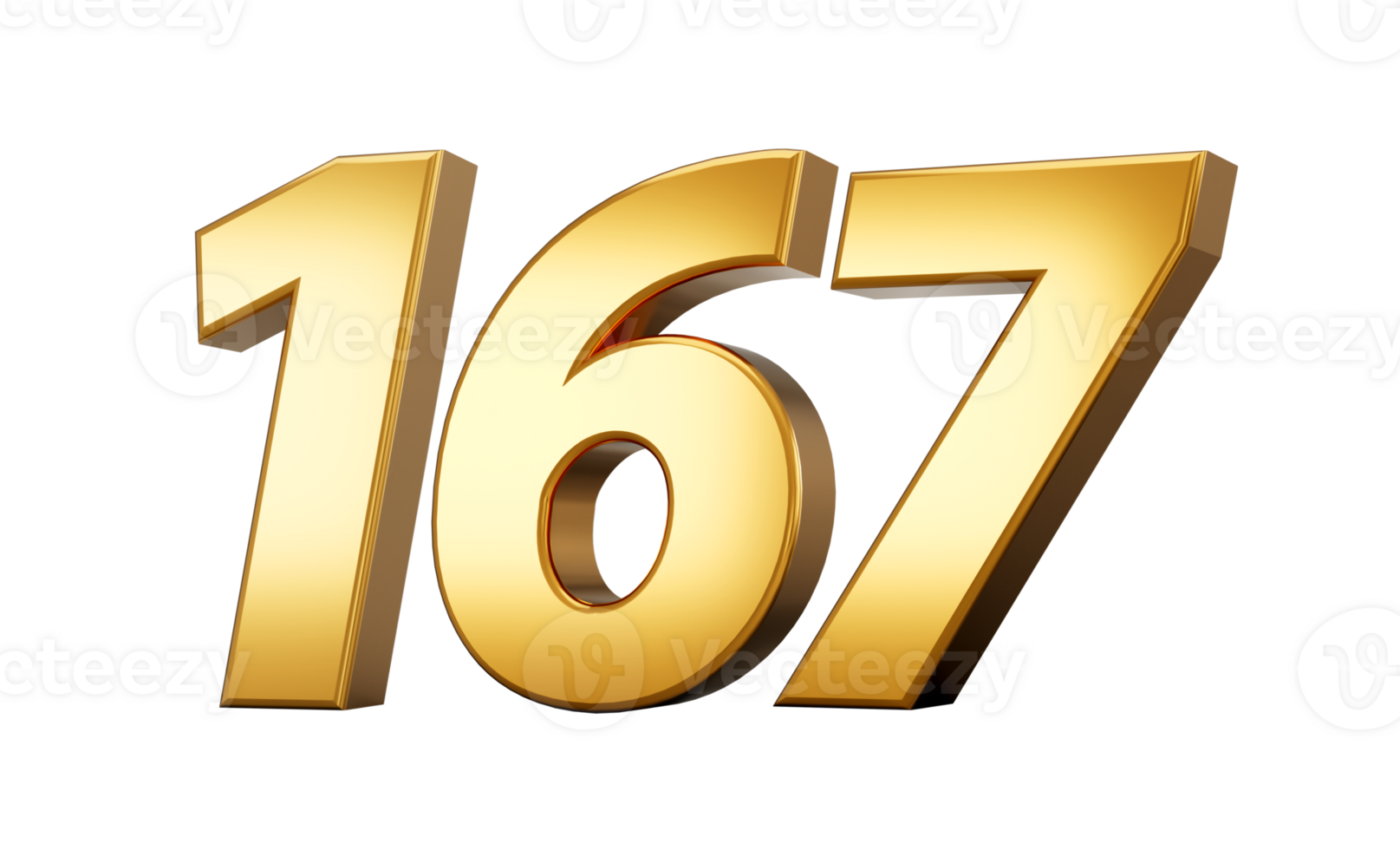 3d number 167 one hundred sixty seven Gold text with reflection 3d illustration png