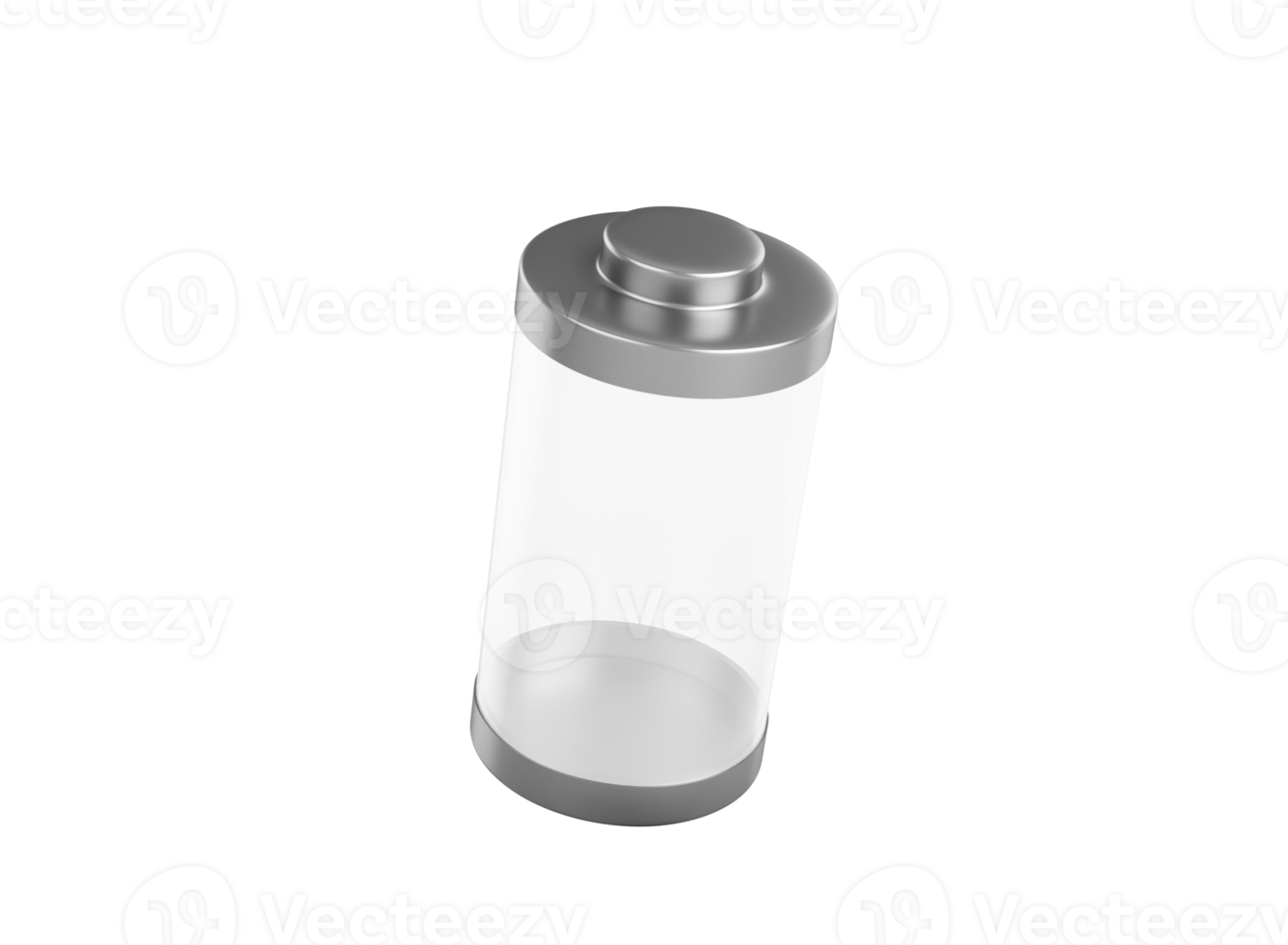 Transparent cylindrical object resembling a battery, with metallic top and bottom caps. 3D Illustration png