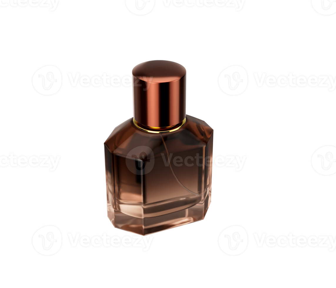 Gradient brown glass perfume bottle with geometric design, copper cap with gold band. 3D Illustration png