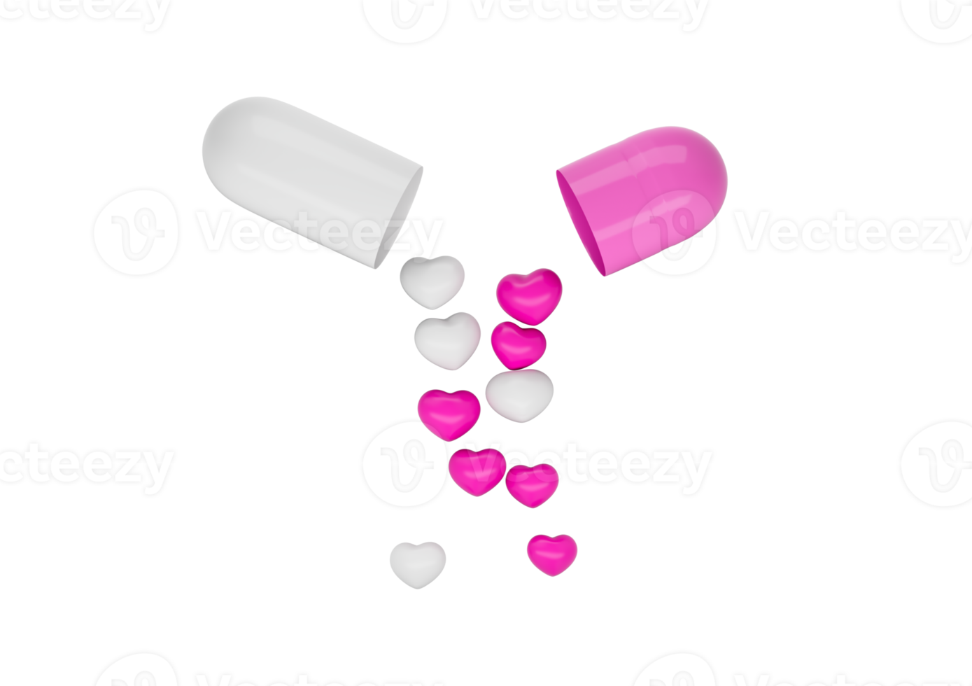 Open capsule with white and pink halves, heart-shaped objects inside. 3D Illustration. png