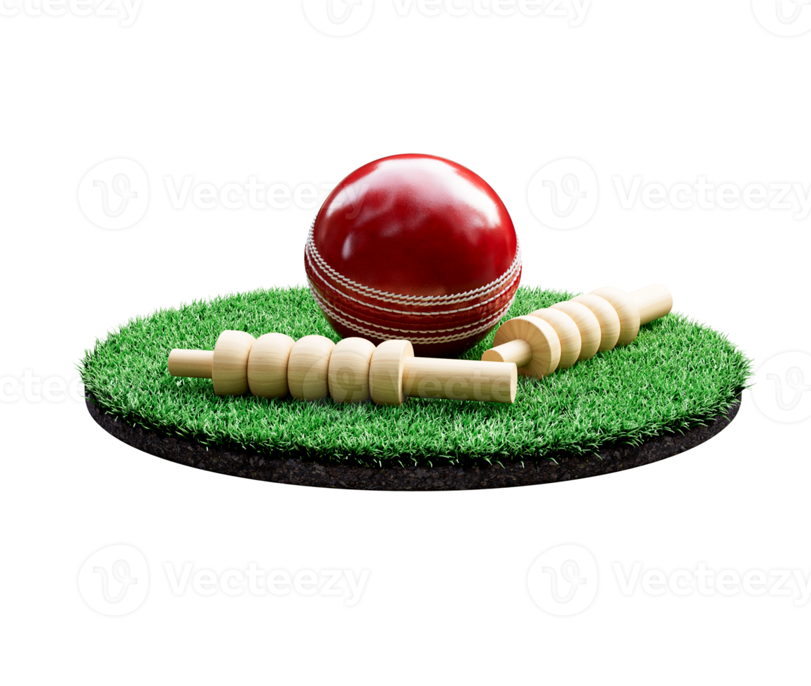 Red Leather Stitched Test Cricket Ball With Two Wicket Bails On Grass Ground Field, 3D Illustration png