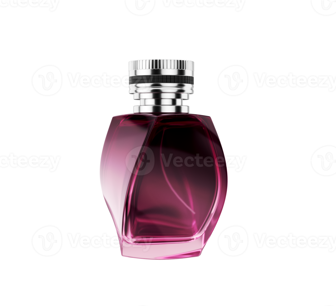 Elegant purple perfume bottle with silver cap, unique curved design. 3D Illustration. png