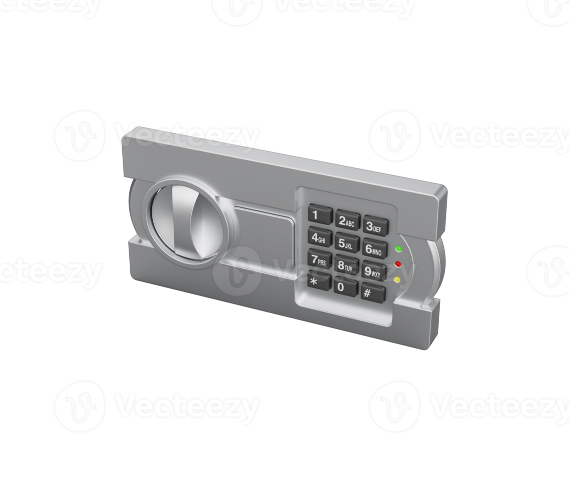 Digital lock with circular dial, numeric keypad, indicator lights. 3D Illustration png