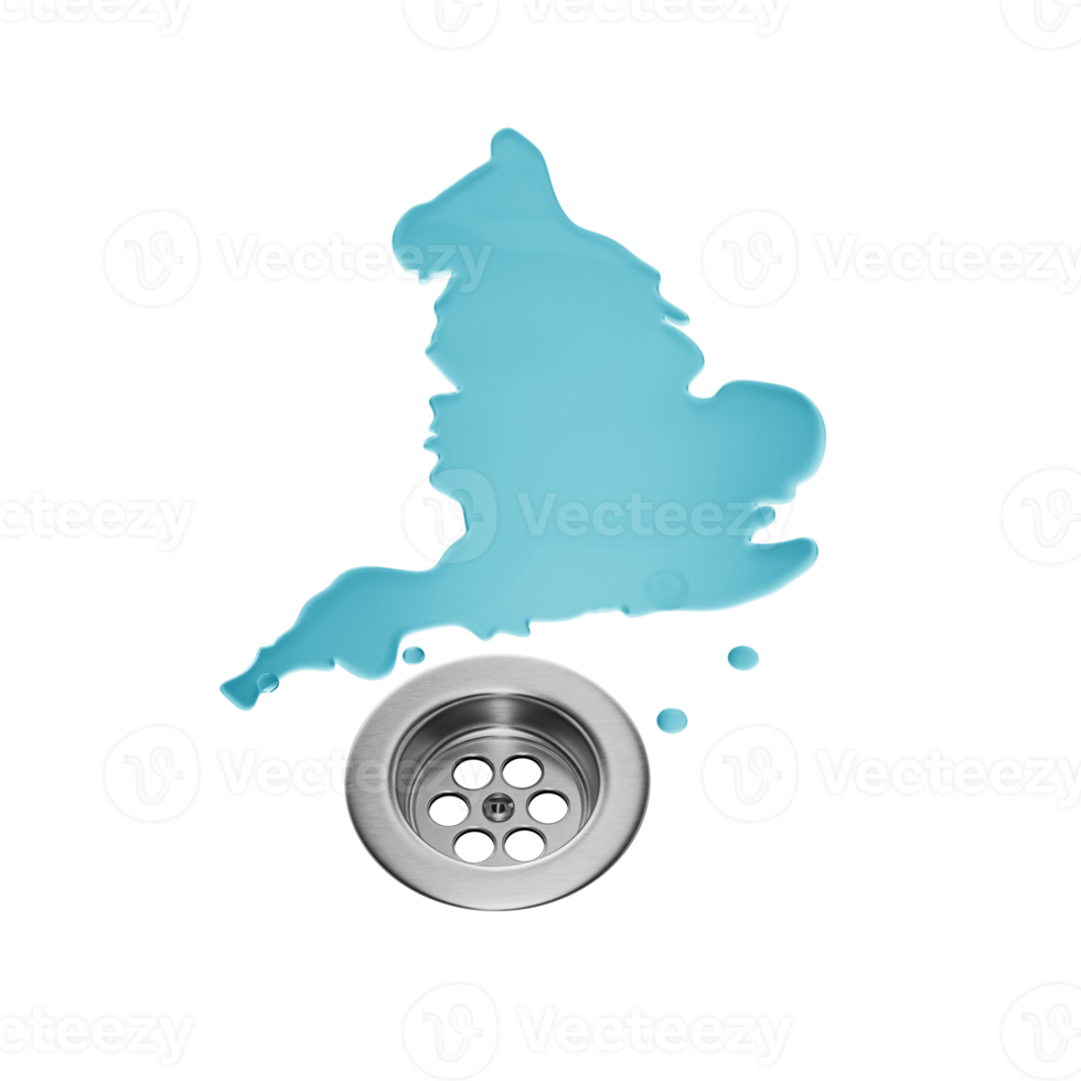England Water Map With Drainage Metal Sink Save Water And Water Wastage Concept 3D Illustration png