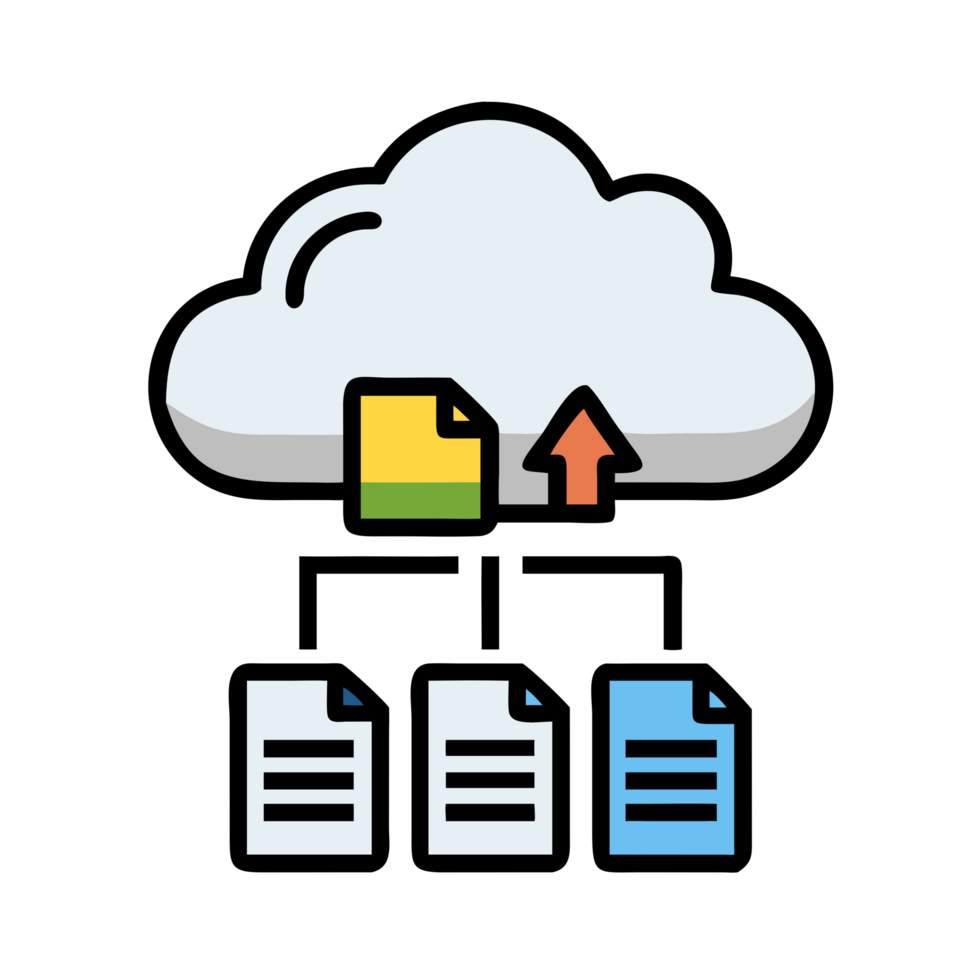 Cloud storage icon with files and documents digital space graphic design online environment bird's eye view data management png