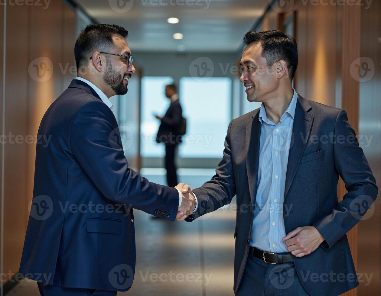 Two businessmen in suits are shaking hands in a modern office hallway photo