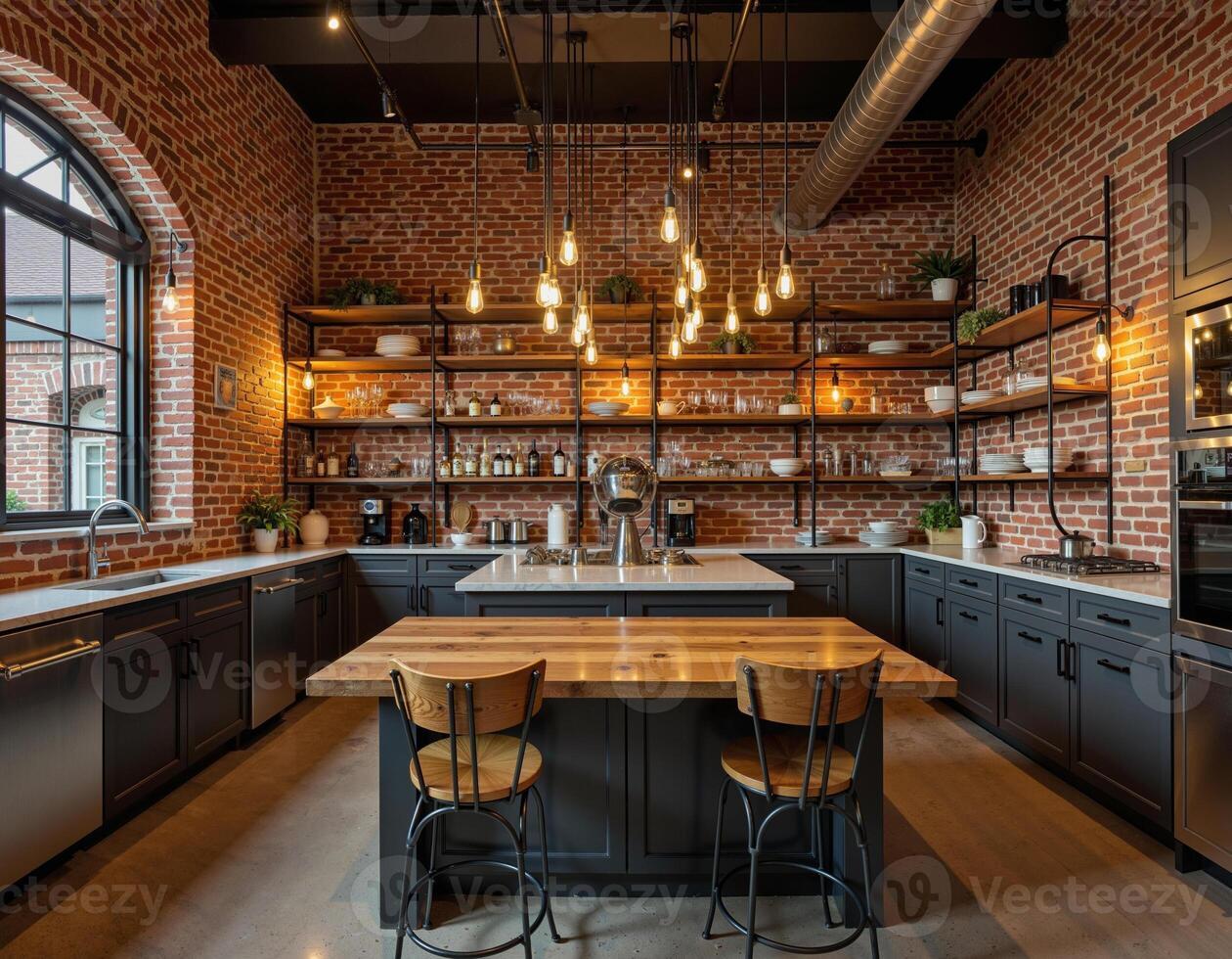 Modern Industrial Kitchen with Brick Walls and Pendant Lighting photo