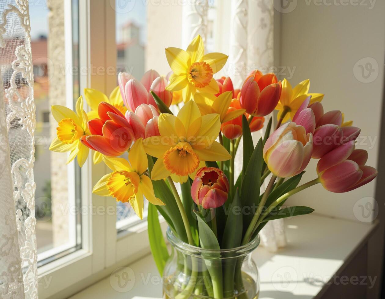Bright Spring Bouquet of Tulips and Daffodils by Window. photo