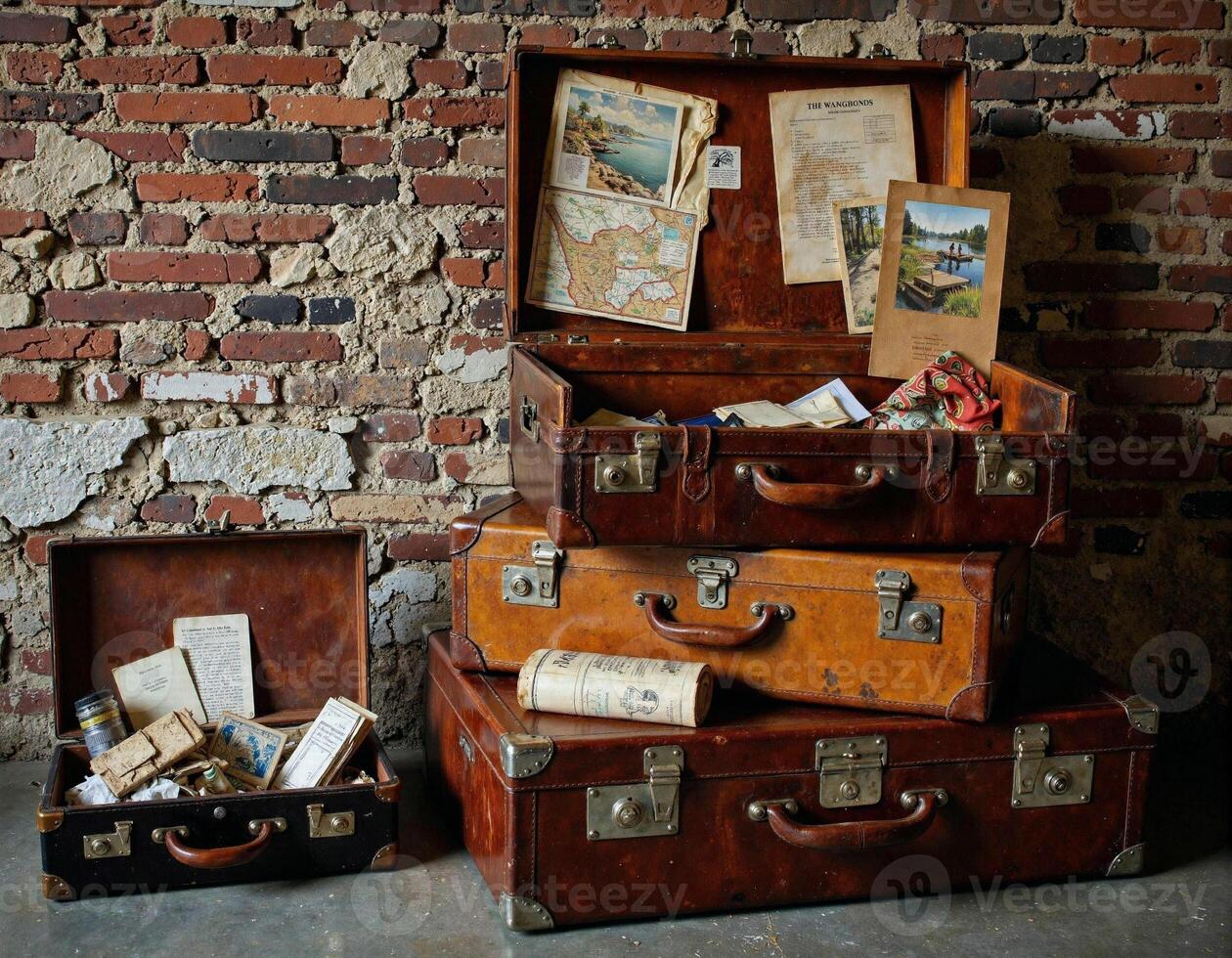 A pile of suitcases stacked against a brick wall photo