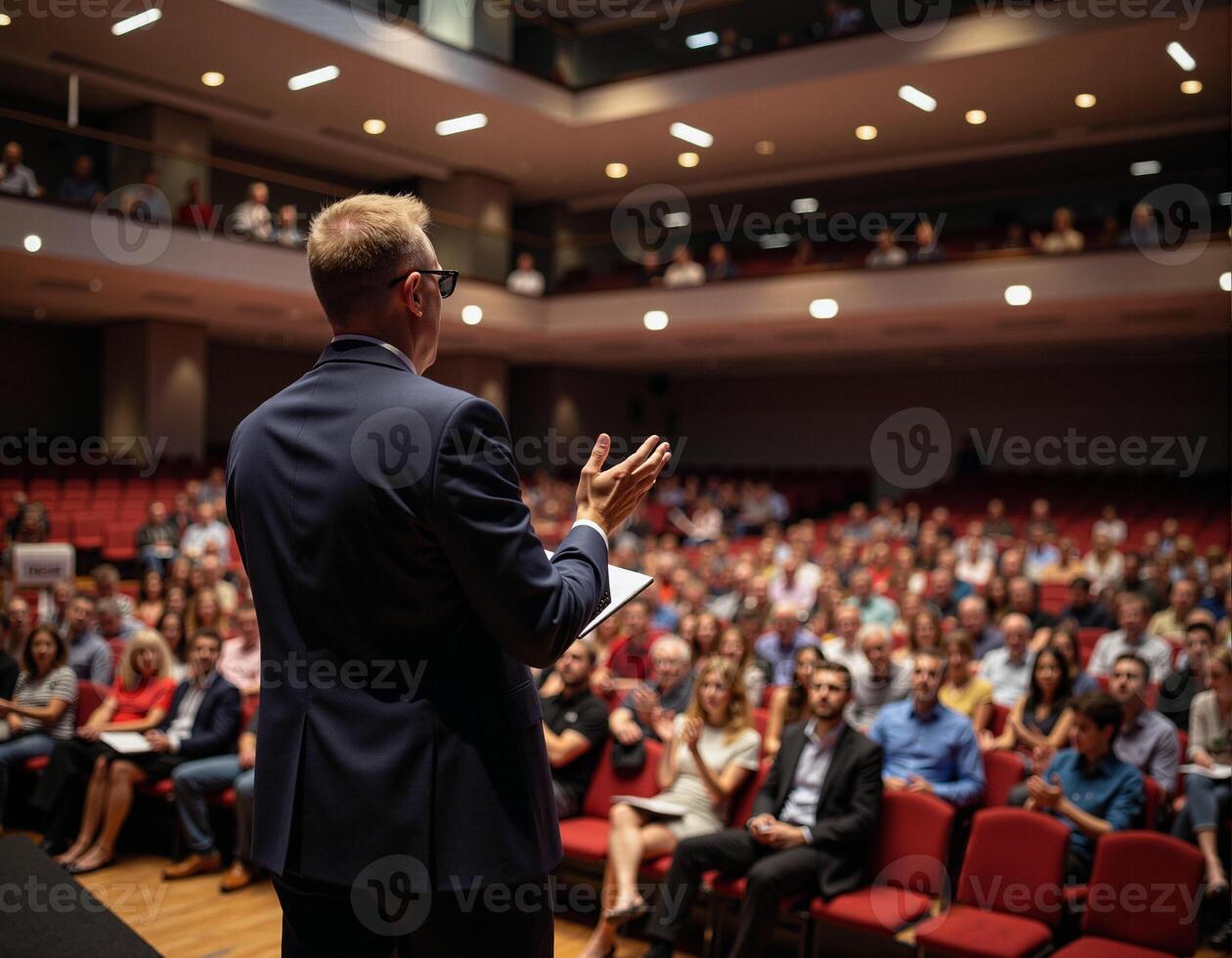 A speaker is addressing a large audience in an auditorium photo