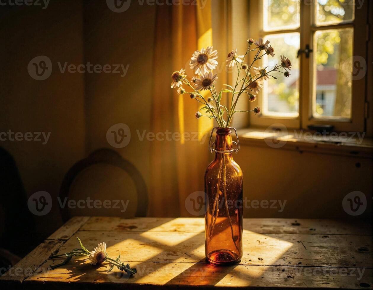 A vase with flowers sitting on a table photo