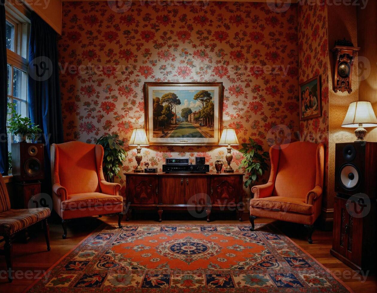 A living room with a rug and two chairs photo
