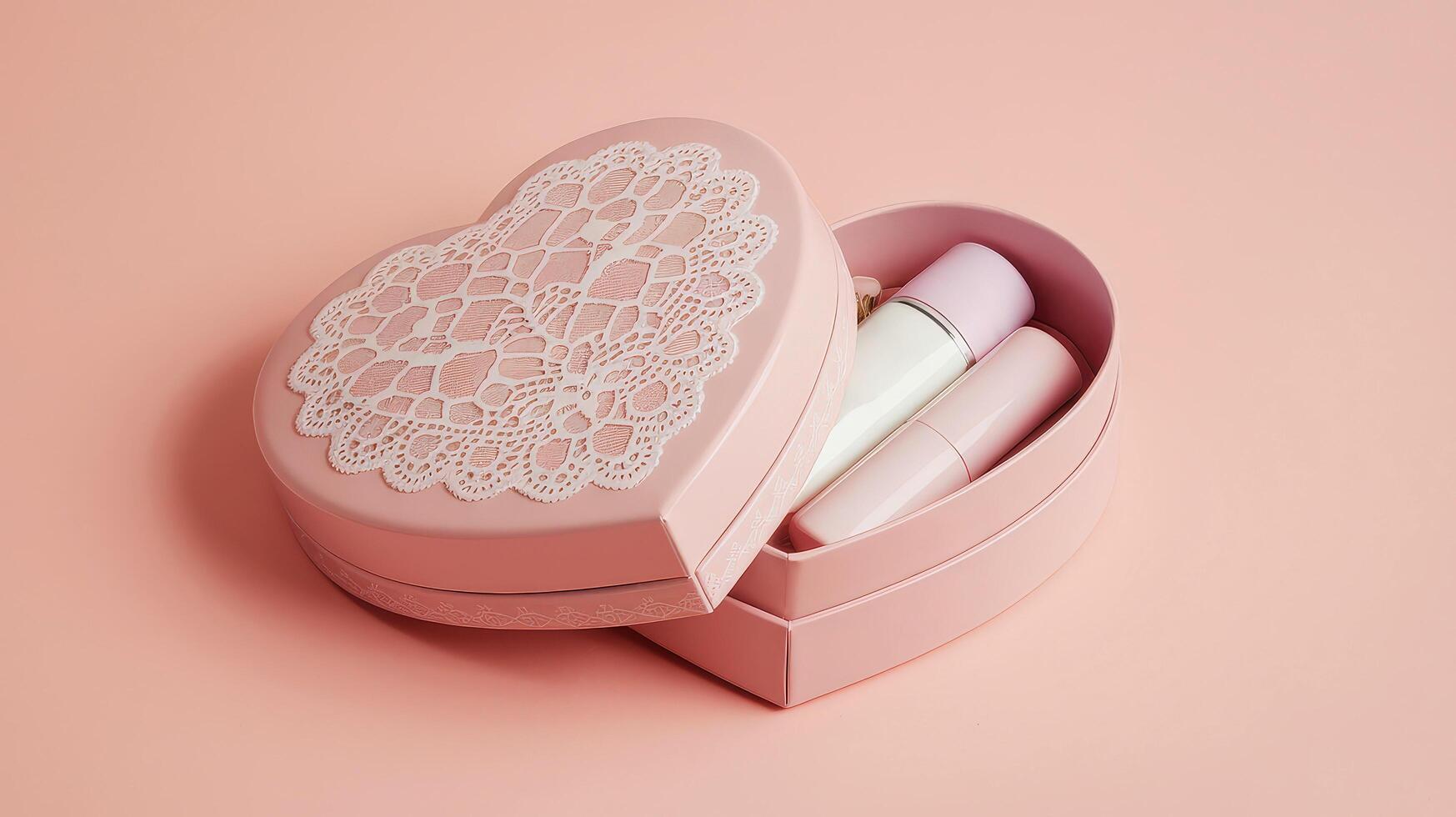 Heart shaped box with cosmetics on pink background, valentines day concept photo