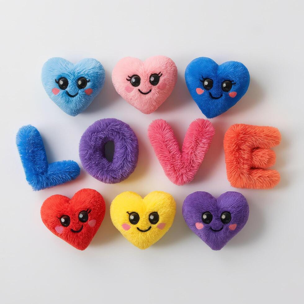 Valentine's day greeting card. Colorful felt hearts on white background text love photo