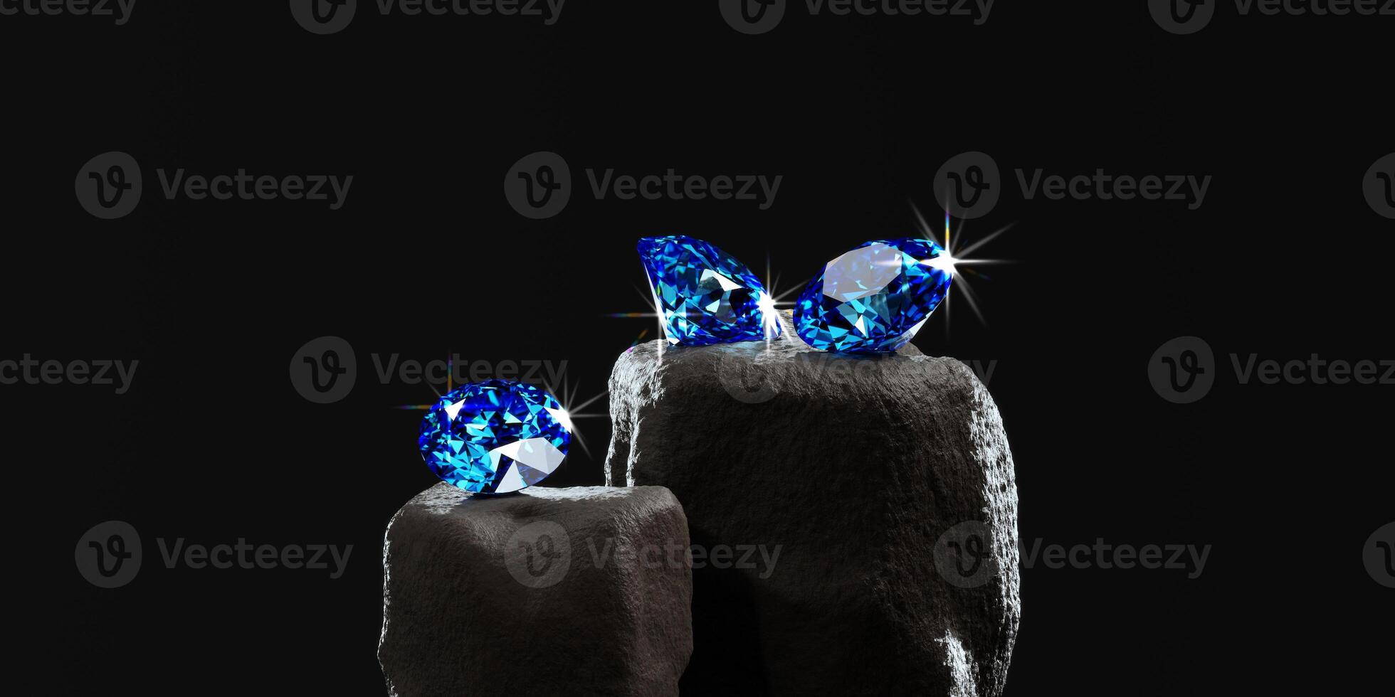 Blue Sapphire Gem Diamond group placed on stone platform background 3d rendering photo