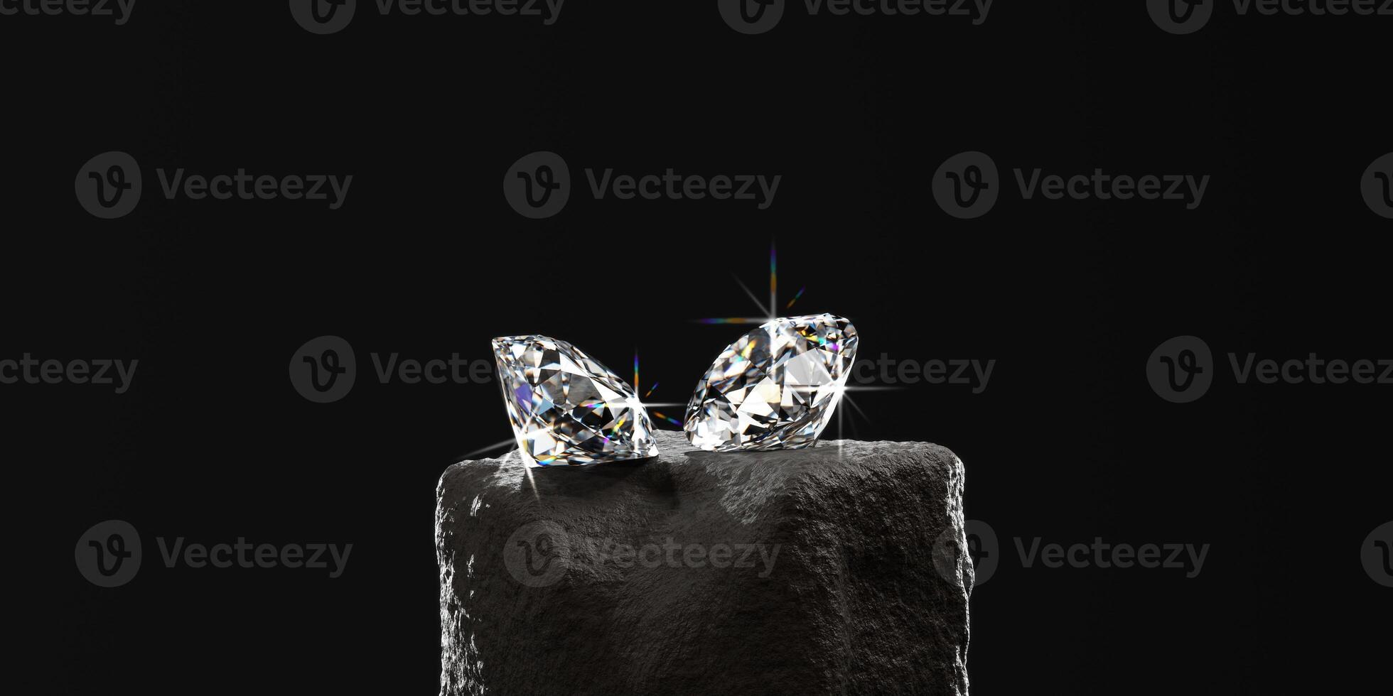 Round diamonds placed on stone with caustic flare black background 3d rendering photo