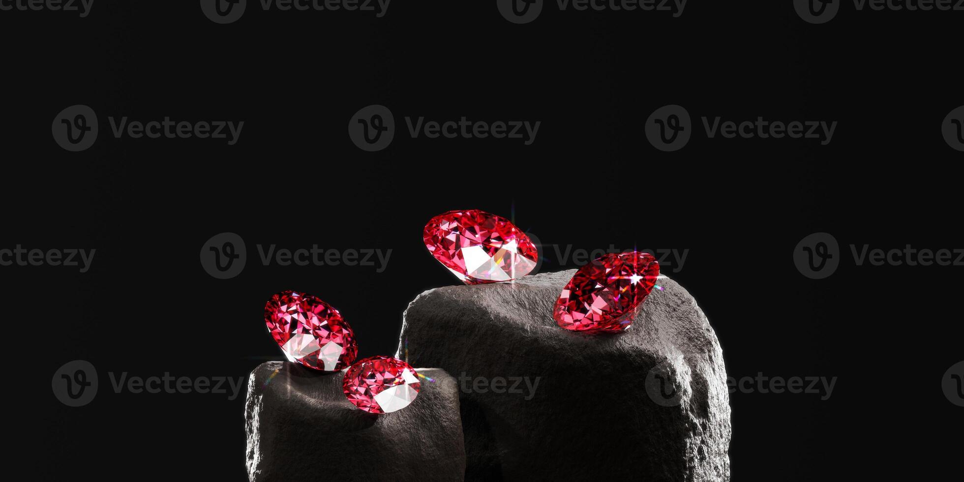 Red Ruby Gem Diamond group placed on stone platform background 3d rendering photo